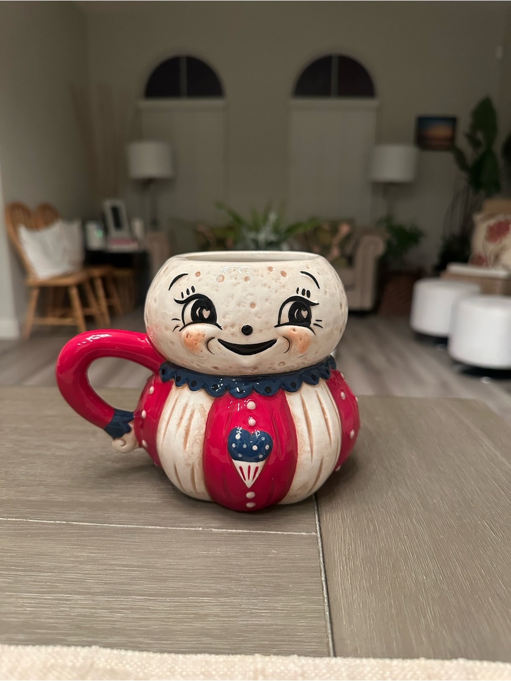Whimsical Ceramic Smiling Mug Planter in Red and Cream